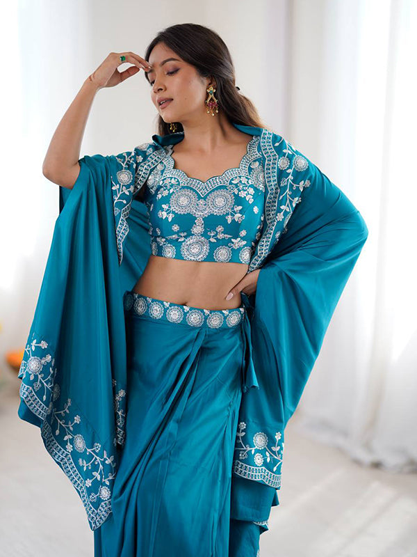Aqua Blue Embroidery Sequins Work Crep Silk Dhoti Blouse With Shrug
