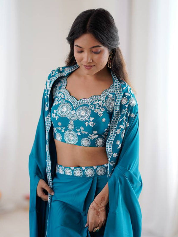 Aqua Blue Embroidery Sequins Work Crep Silk Dhoti Blouse With Shrug