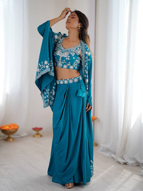 Aqua Blue Embroidery Sequins Work Crep Silk Dhoti Blouse With Shrug