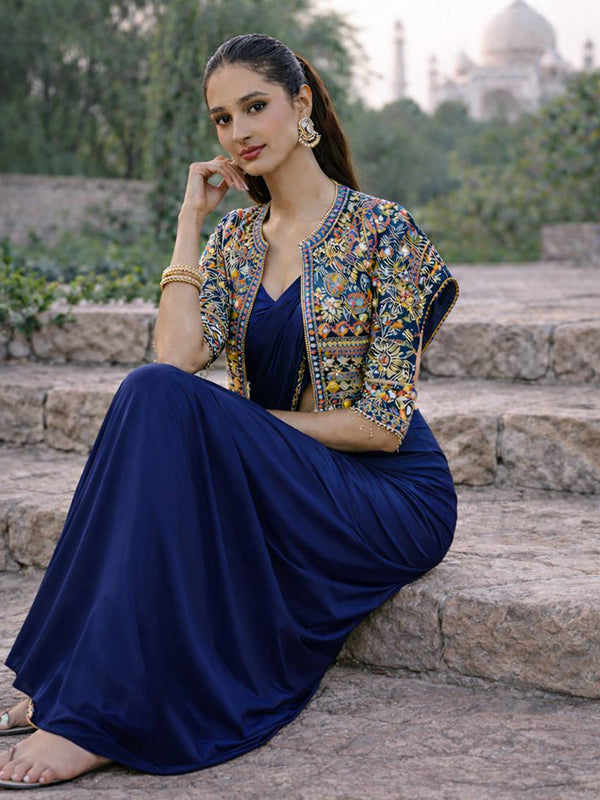 Blue Ready To Wear Embroidery Sequence Work Crep Silk Saree With Koti & Belt