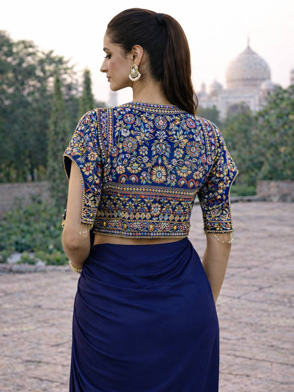 Blue Ready To Wear Embroidery Sequence Work Crep Silk Saree With Koti & Belt