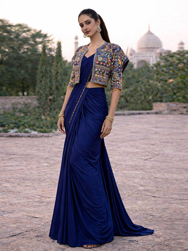 Blue Ready To Wear Embroidery Sequence Work Crep Silk Saree With Koti & Belt