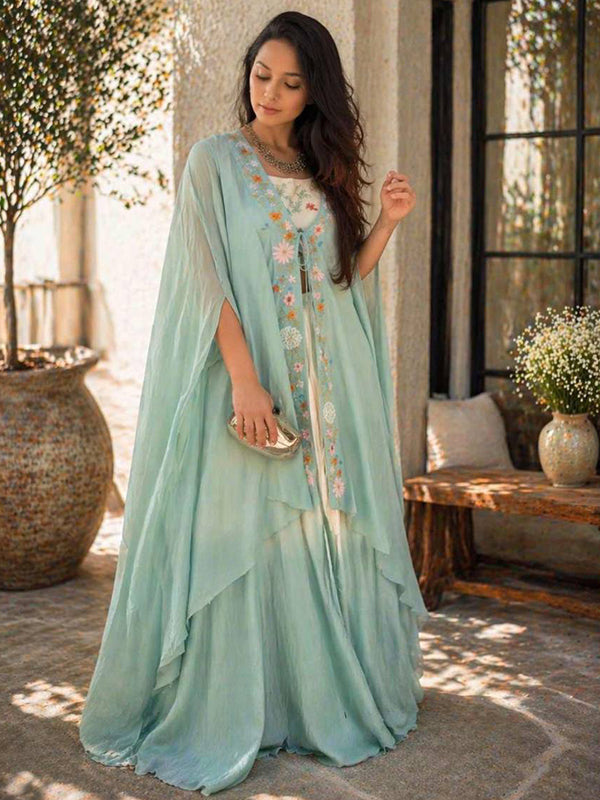 Light Blue Indo Western Draped Full Stitched Dhoti Blouse & Shrug