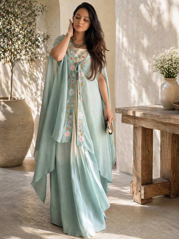 Light Blue Indo Western Draped Full Stitched Dhoti Blouse & Shrug