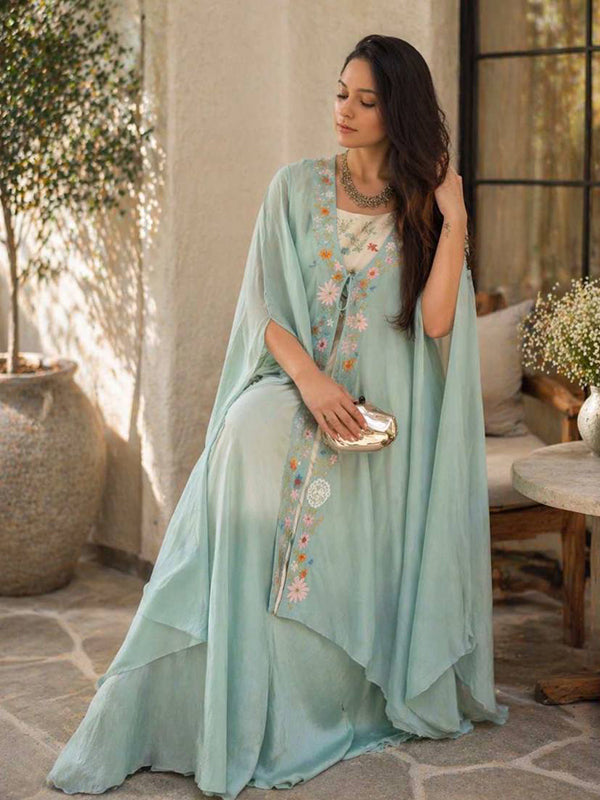Light Blue Indo Western Draped Full Stitched Dhoti Blouse & Shrug