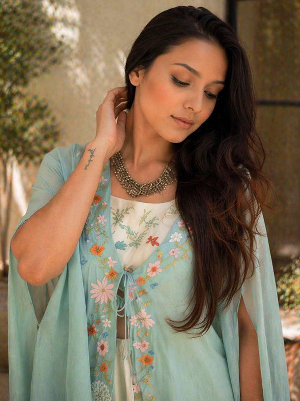 Light Blue Indo Western Draped Full Stitched Dhoti Blouse & Shrug