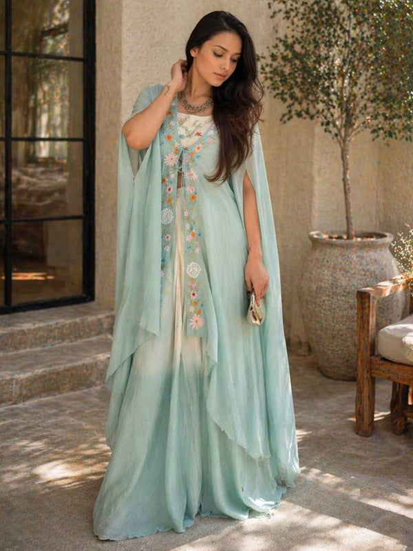 Light Blue Indo Western Draped Full Stitched Dhoti Blouse & Shrug