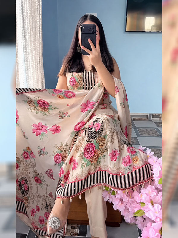 Ivory Floral Printed Muslin Silk Straight 3 Piece Kurti Set