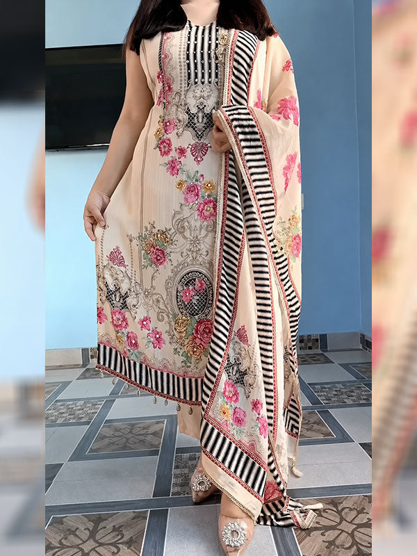 Ivory Floral Printed Muslin Silk Straight 3 Piece Kurti Set