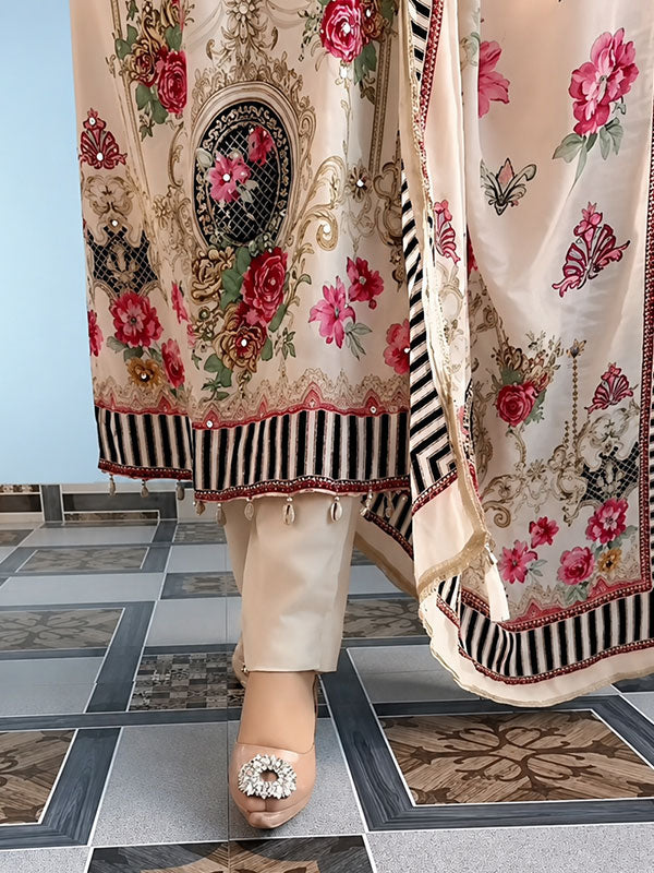 Ivory Floral Printed Muslin Silk Straight 3 Piece Kurti Set