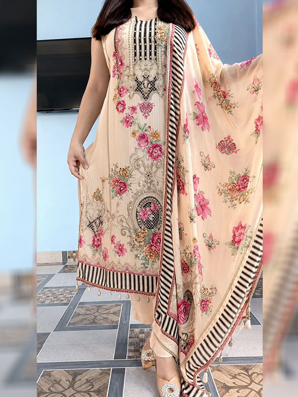 Ivory Floral Printed Muslin Silk Straight 3 Piece Kurti Set