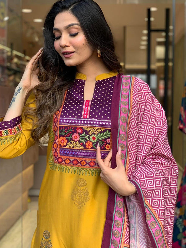 Mustard Taby Printed Kurti With Pant & Dupatta Set