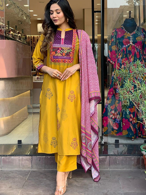 Mustard Taby Printed Kurti With Pant & Dupatta Set