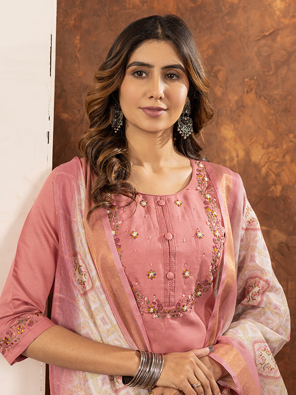 Peach Embroidered With Hand Work Suit Set