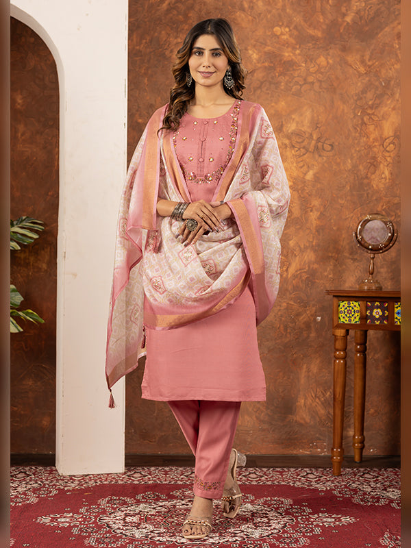Peach Embroidered With Hand Work Suit Set
