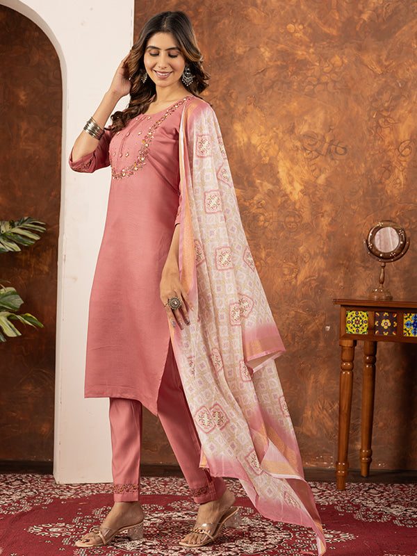 Peach Embroidered With Hand Work Suit Set