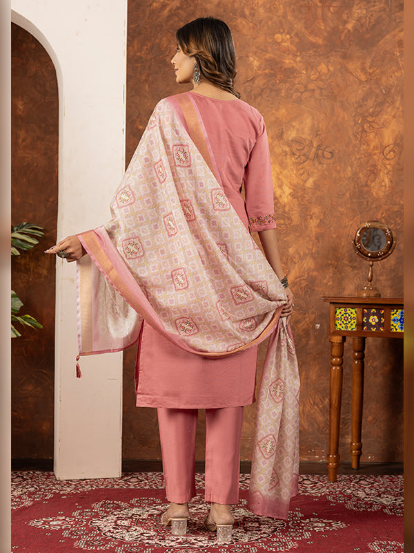 Peach Embroidered With Hand Work Suit Set