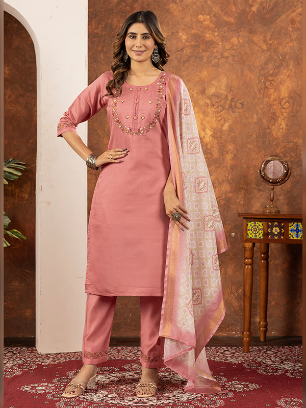 Peach Embroidered With Hand Work Suit Set