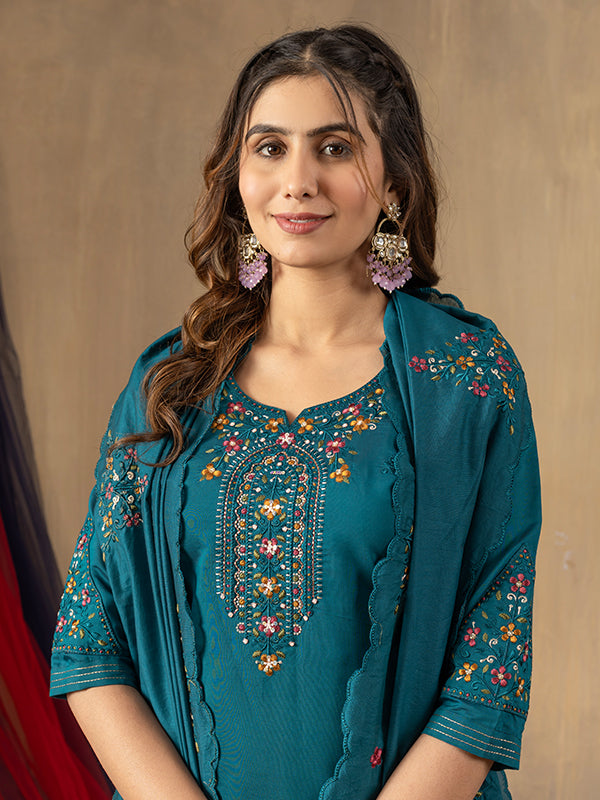 Rama Roman Silk Embroidered With Hand Work Suit Set