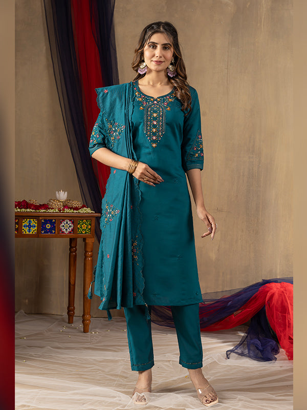 Rama Roman Silk Embroidered With Hand Work Suit Set
