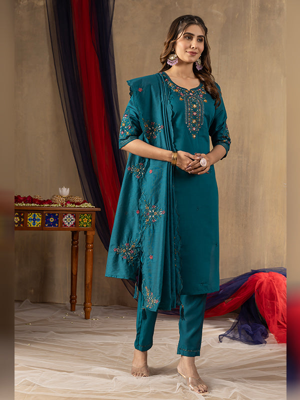 Rama Roman Silk Embroidered With Hand Work Suit Set
