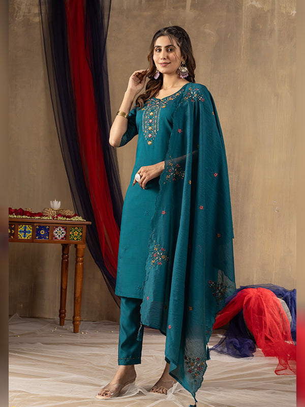 Rama Roman Silk Embroidered With Hand Work Suit Set