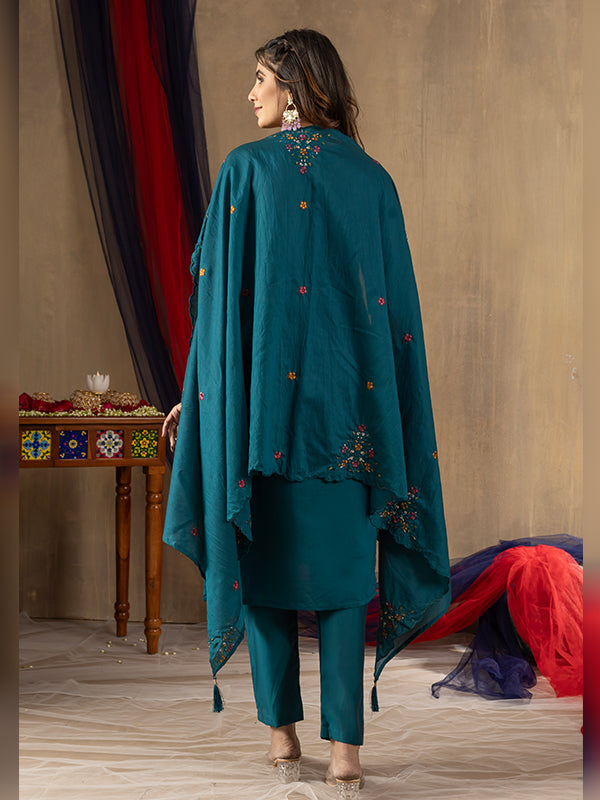 Rama Roman Silk Embroidered With Hand Work Suit Set