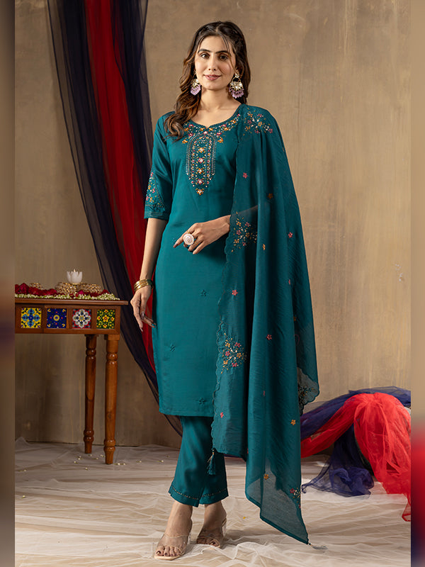Rama Roman Silk Embroidered With Hand Work Suit Set