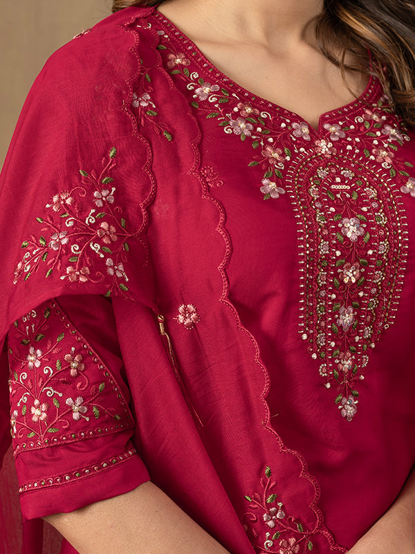 Rani Pink Roman Silk Embroidered With Hand Work Suit Set