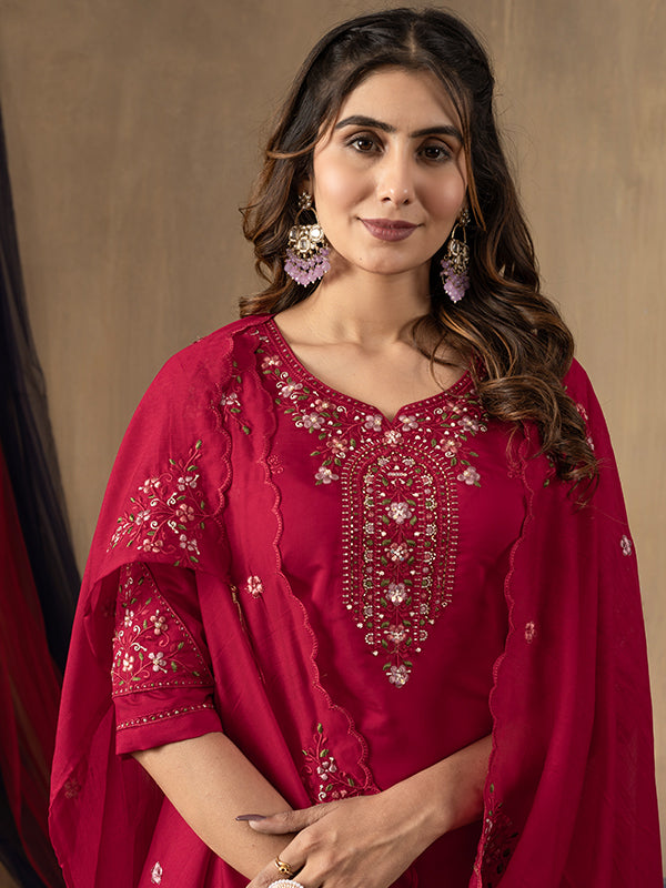 Rani Pink Roman Silk Embroidered With Hand Work Suit Set