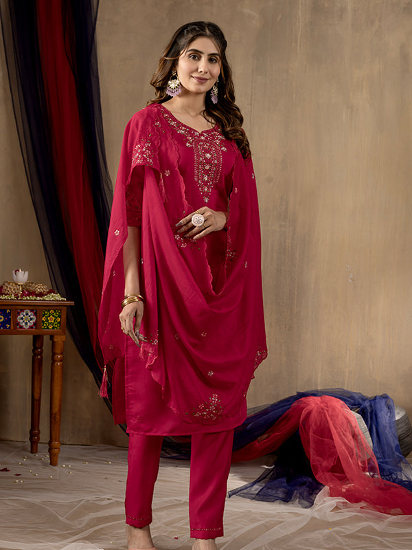 Rani Pink Roman Silk Embroidered With Hand Work Suit Set
