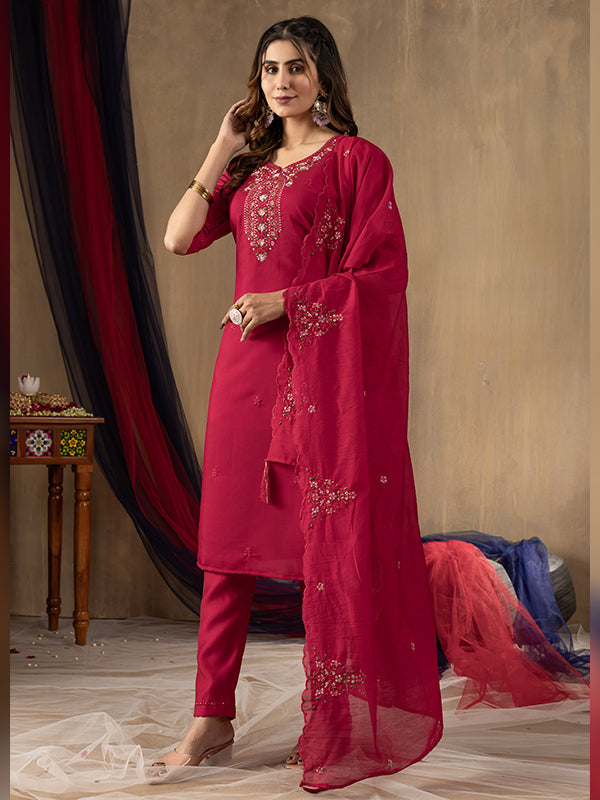Rani Pink Roman Silk Embroidered With Hand Work Suit Set