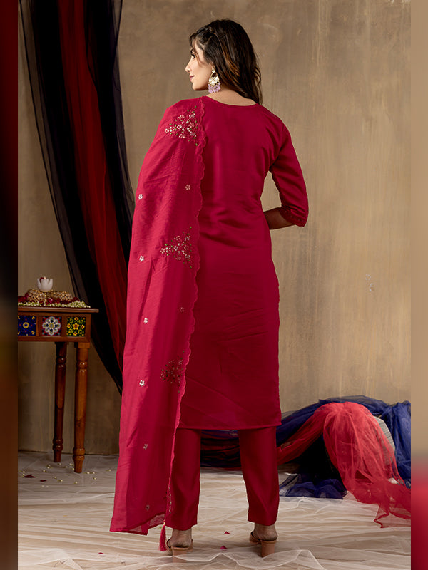 Rani Pink Roman Silk Embroidered With Hand Work Suit Set