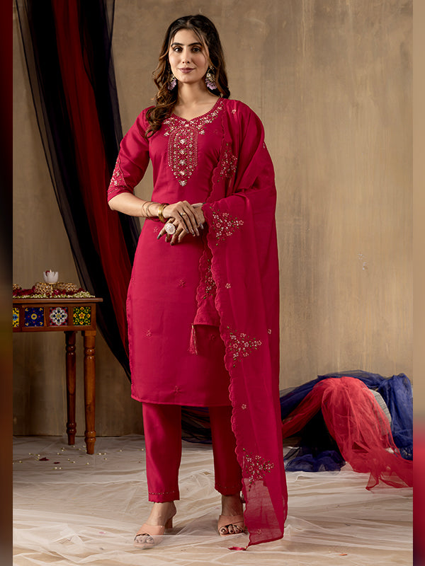 Rani Pink Roman Silk Embroidered With Hand Work Suit Set