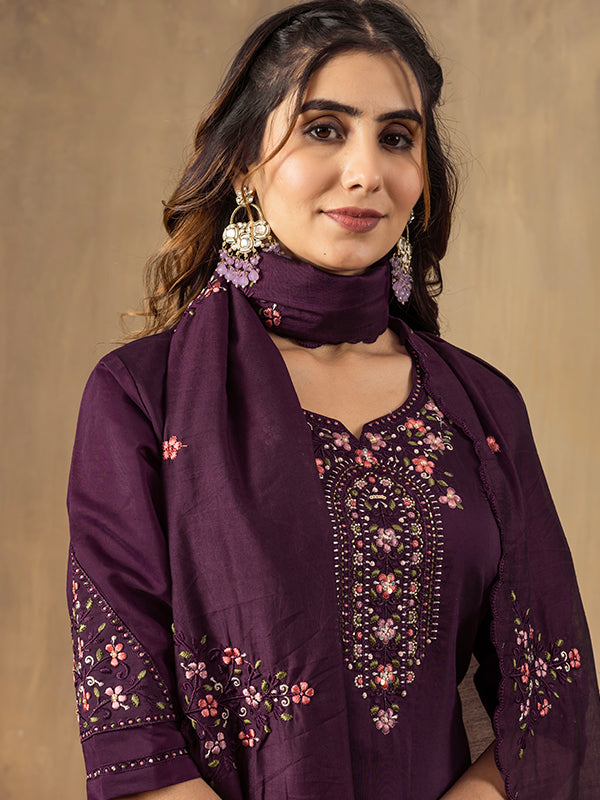 Wine Roman Silk Embroidered With Hand Work Suit Set