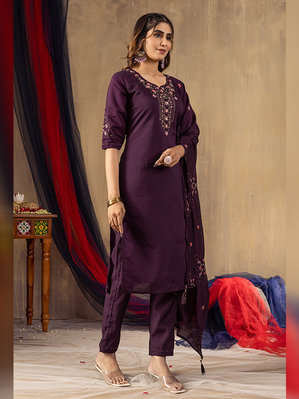 Wine Roman Silk Embroidered With Hand Work Suit Set
