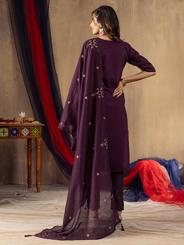 Wine Roman Silk Embroidered With Hand Work Suit Set