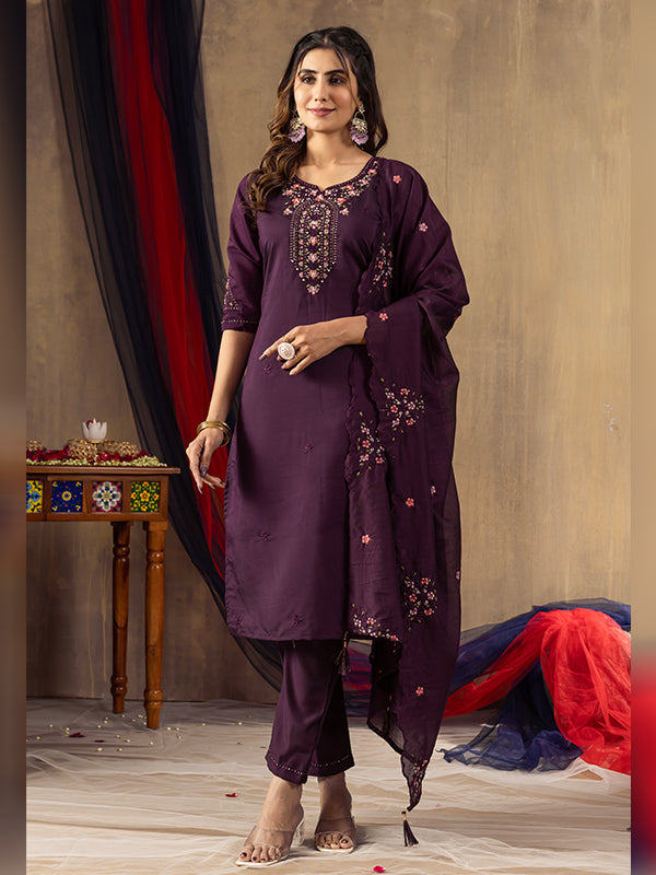 Wine Roman Silk Embroidered With Hand Work Suit Set