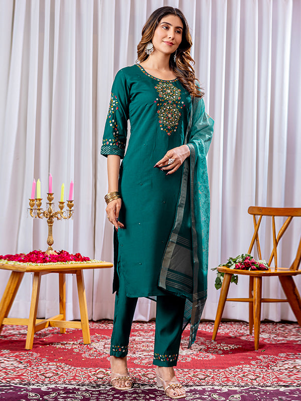 Green Viscose Silk Straight Kurti Pant & Dupatta Set