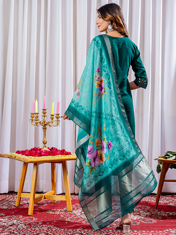 Green Viscose Silk Straight Kurti Pant & Dupatta Set