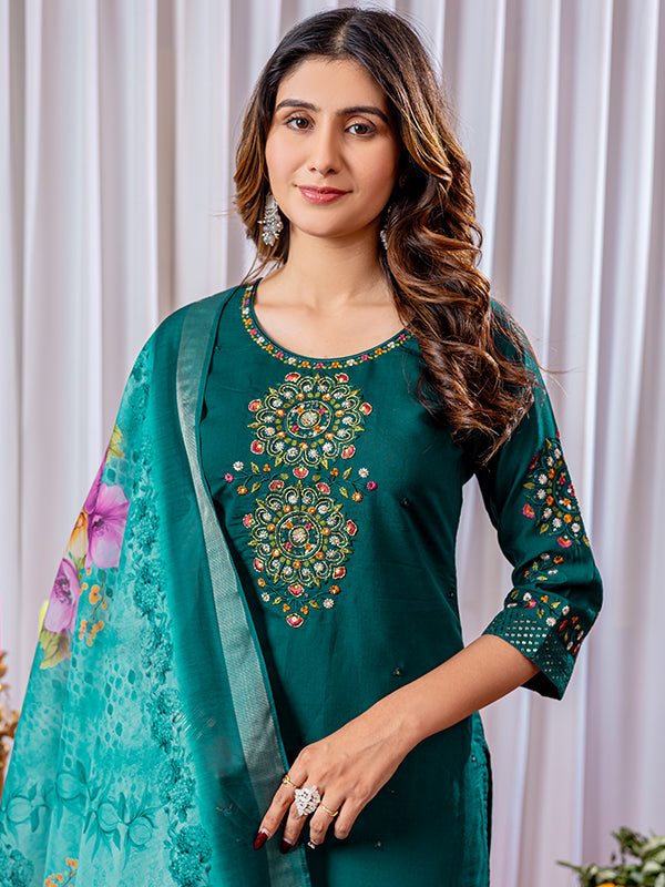 Green Viscose Silk Straight Kurti Pant & Dupatta Set