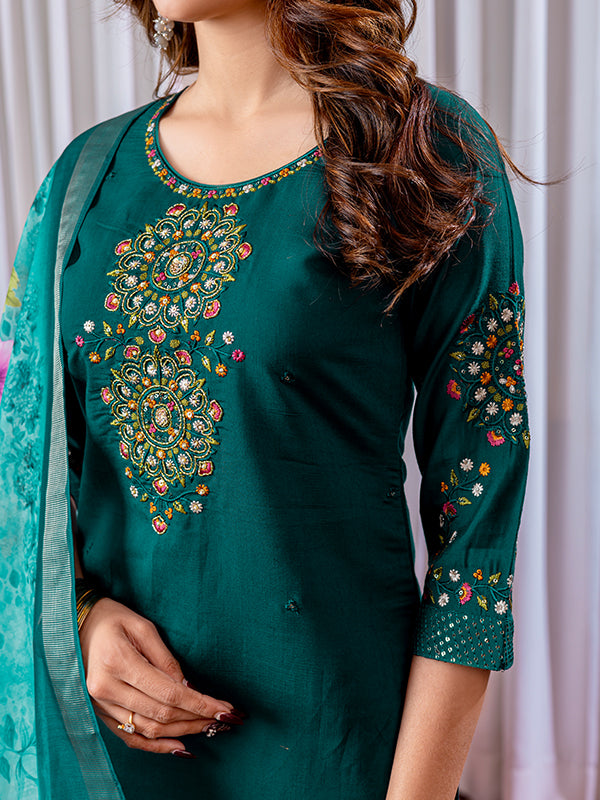 Green Viscose Silk Straight Kurti Pant & Dupatta Set