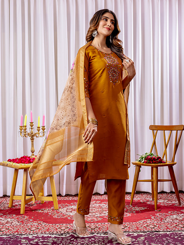 Mustard Viscose Silk Straight Kurti Pant & Dupatta Set