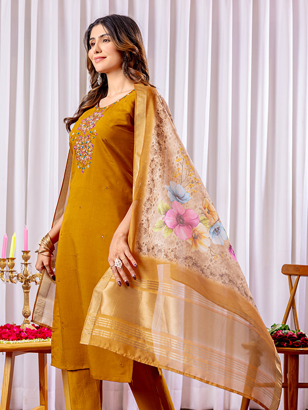 Mustard Viscose Silk Straight Kurti Pant & Dupatta Set