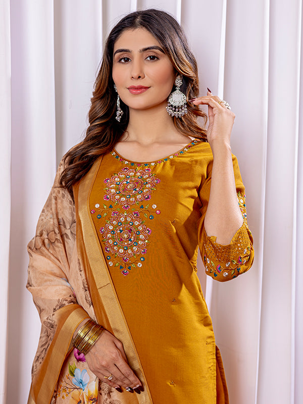 Mustard Viscose Silk Straight Kurti Pant & Dupatta Set