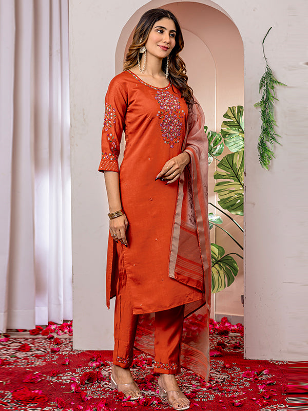 Orange Viscose Silk Straight Kurti Pant & Dupatta Set
