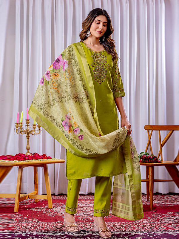 Parrot green Viscose Silk Straight Kurti Pant & Dupatta Set