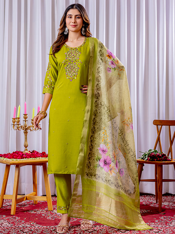 Parrot green Viscose Silk Straight Kurti Pant & Dupatta Set
