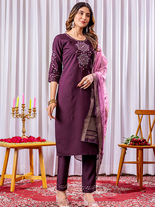 Wine Viscose Silk Straight Kurti Pant & Dupatta Set