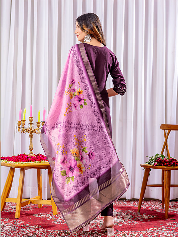 Wine Viscose Silk Straight Kurti Pant & Dupatta Set
